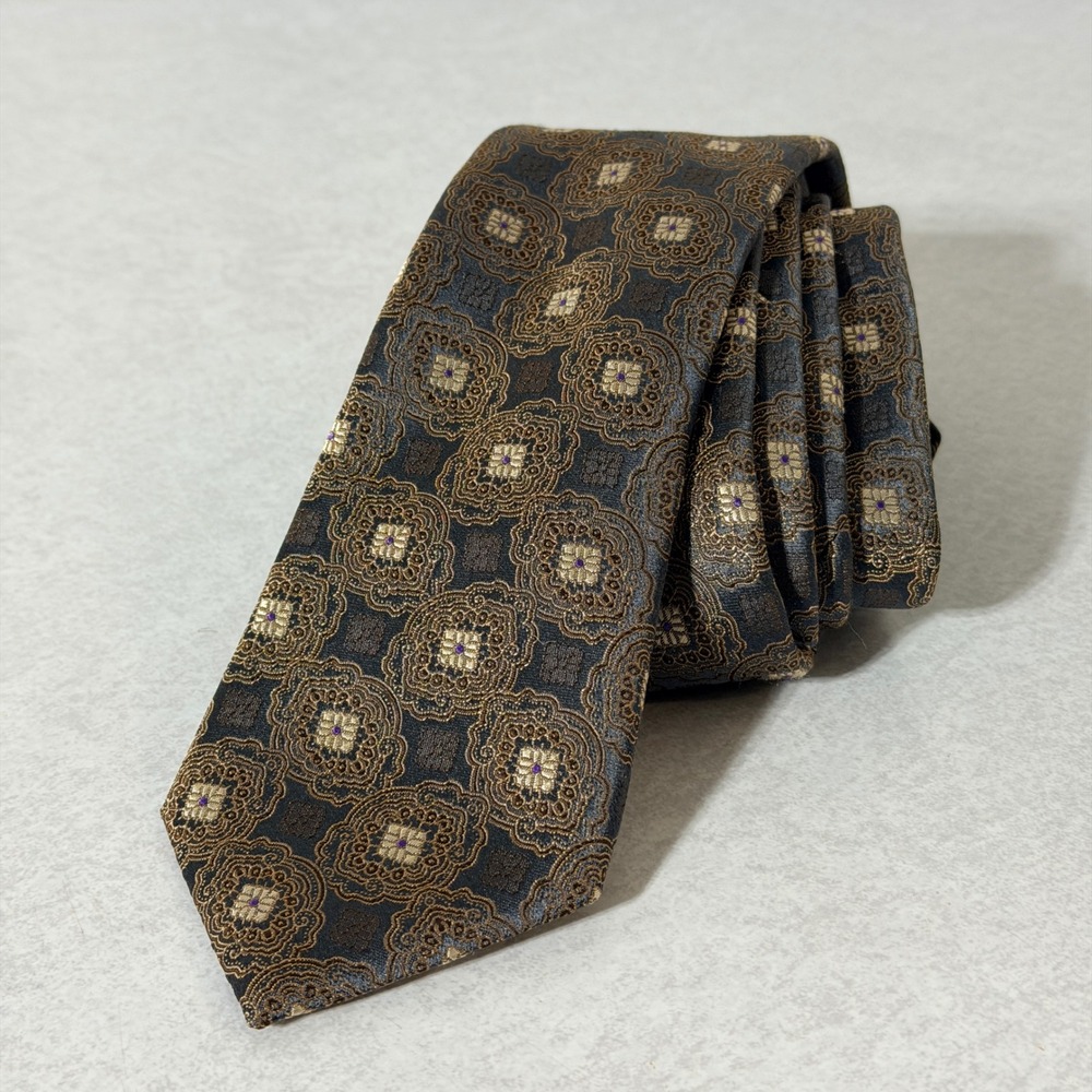 Canali Mens Silk Tie Charcoal Grey Gold‎ Geometric Medallion Jacquard Made Italy
